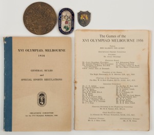 "XVI Olympiad, Melbourne 1956 GENERAL RULES and SPECIAL SPORTS REGULATIONS" 184pp booklet published by the Organising Committee; a bronze Participation Medal by Andor Mezaros; an Official badge (#4093) made by K.G.Luke for use by a Sports Official; 16-pag