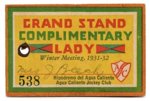 Phar Lap's Last Race - Agua Caliente: A booklet of Grandstand Passes from the Agua Caliente Jockey Club for the Winter Meeting 1931-32; No.538 named to 'Mrs. J. Beech', with 19 coupons still attached.