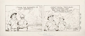 "WALLY AND THE MAJOR", original cartoons (39) by Carl Lyon (1903-82), pen & ink on paper, all signed lower right, each about 56x21cm. Subjects include workplace relations (11), workplace negligence (19) & indigenous Australia (9).