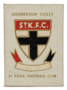 ST. KILDA: 1945 Member's Season Ticket (#1624), with the usual Fixture List replaced by a printed statement "Matches to be played as arranged by V.F.L." & holes punched for each game attended; issued in the name of R.G.W. Moss.