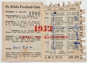 ST. KILDA: 1952 Member's Season Ticket (#1985), with Fixture List, details of the Club Leadership & holes punched for each game attended; issued in the name of R.G.W. Moss. - 2