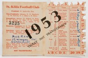 ST. KILDA: 1953 Member's Season Ticket (#3235), with Fixture List, details of the Club Leadership & holes punched for each game attended; issued in the name of R.G.W. Moss. - 2