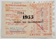 ST. KILDA: 1955 Member's Season Ticket (#2684), with Fixture List, details of the Club Leadership & holes punched for each game attended; issued in the name of R.G.W. Moss. - 2