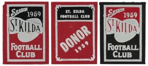 ST. KILDA: 1959 Member's Season Ticket (#264), with Fixture List, details of the Club Leadership & holes punched for each game attended; issued in the name of R.G.W. Moss; additionally handstamped "COMPLIMENTARY". Accompanied by two additional tickets: a 
