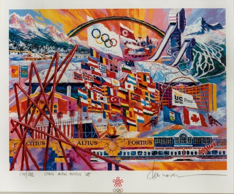 1988 CALGARY WINTER OLYMPICS Limited edition colour lithographic poster by Ken Wesman, titled "Citius, Altius, Fortius, '88", numbered 174/288, titled and signed by the artist in the lower margin. Framed and glazed, overall 78 x 88cm.