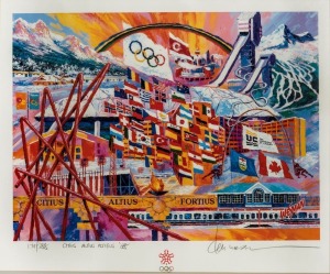 1988 CALGARY WINTER OLYMPICS Limited edition colour lithographic poster by Ken Wesman, titled "Citius, Altius, Fortius, '88", numbered 174/288, titled and signed by the artist in the lower margin. Framed and glazed, overall 78 x 88cm.