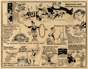 Original cartoon artwork by Wells illustrating the 1950 season scramble to make the final four in July, pen and ink with some later colouring, artwork 40 x 50cm, framed and glazed overall 60 x 71cm.