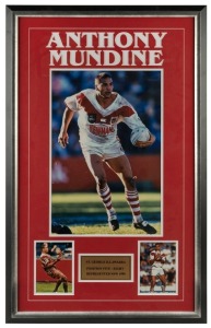 ANTHONY MUNDINE display featuring three action photographs and a plaque, attractively framed and glazed, overall 86 x 53cm