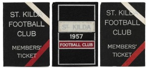 ST. KILDA: 1957 Member's Season Ticket (#3039), with Fixture List, details of the Club Leadership & holes punched for each game attended; issued in the name of G. Moss; accompanied by two additional tickets: a SCHOOLBOY Ticket (#853) issued in the name of