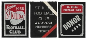 ST. KILDA: 1958 Member's Season Ticket (#3429), with Fixture List, details of the Club Leadership & holes punched for each game attended; issued in the name of R.G.W. Moss; accompanied by two additional tickets: a JUNIOR/SCHOLAR'S Ticket (#671) issued in 