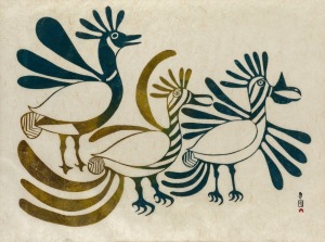 LUCY QINNUAYUAK (Canadian, 1915–1982), Feathered Trio, (1963), linocut signed, 50/50, mounted and framed with a plaque reading "Presented to his excellency D. O. Hay, High Commissioner for Australia to Canada on April 2, 1964 by the diplomatic corps in Ottawa", 53 x 71cm, 78 x 94cm overall
