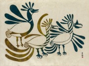 LUCY QINNUAYUAK (Canadian, 1915&ndash;1982), Feathered Trio, (1963), linocut signed, 50/50, mounted and framed with a plaque reading "Presented to his excellency D. O. Hay, High Commissioner for Australia to Canada on April 2, 1964 by the diplomatic corps in Ot