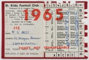 ST. KILDA: 1965 Member's Season Ticket (#486), with Fixture List, details of the Club Leadership & holes punched for each game attended; issued in the name of G. Moss.St Kilda finished on top of the ladder in 1965 with 14 wins and 4 losses. They defeated - 2