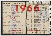 ST. KILDA: 1966 Member's Season Ticket (#242), with Fixture List, details of the Club Leadership & holes punched for each game attended; issued in the name of G. Moss. Additionally hand-stamped "CLUB DONOR". St Kilda finished in 2nd position on the ladde - 2