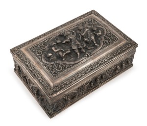 A Burmese silver box with timber lining, 20th century, stamped "95% SILVER, BURMESE" with additional maker's marks, ​​​​​​​8cm high, 19cm wide, 12cm deep, 852 grams total including timber lining