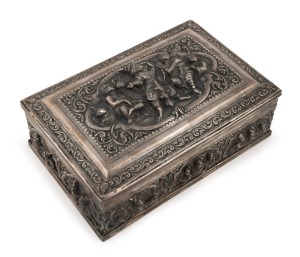 A Burmese silver box with timber lining, 20th century, stamped "95% SILVER, BURMESE" with additional maker's marks, 8cm high, 19cm wide, 12cm deep, 852 grams total including timber lining