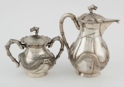 A Chinese export silver hot water pot and matching sugar basin with dragon decoration, 19th/20th century, seal mark to base of basin, 11.5cm and 17.5cm high, 716 grams total - 2