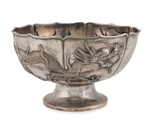 WING ON Chinese export silver bowl of lotus form with dragon decoration, early 20th century, stamped "SILVER" with two seal marks, 9cm high, 15cm wide, 222 grams
