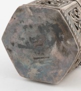 A Burmese pierced silver hexagonal box, 20th century, stamped "97% Ag, Myanmar Jewel House", with additional maker's marks, ​​​​​​​6.5cm high, 7cm wide, 8cm deep, 150 grams - 4