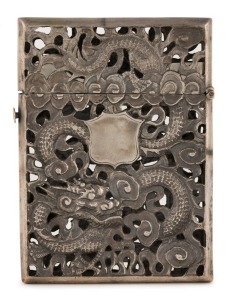 An antique Chinese pierced silver card case with dragon decoration,19th/20th century, marks rubbed, 10cm high, 104 grams
