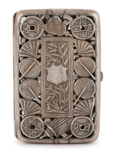 LUEN HING antique Chinese export pierced silver cigarette case with coin and fan decoration and dragons on the reverse, 19th/20th century, 9.5cm high, 90 grams