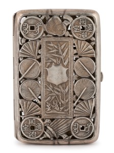 LUEN HING antique Chinese export pierced silver cigarette case with coin and fan decoration and dragons on the reverse, 19th/20th century, 9.5cm high, 90 grams