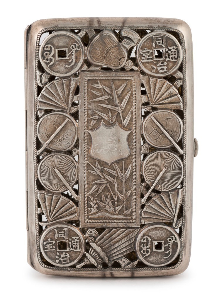 chinese cigarette case LUEN HING antique Chinese export pierced silver cigarette case with coin and fan decoration and dragons chinese cigarette case LUEN HING antique Chinese export pierced silver cigarette case with coin and fan decoration and dragons