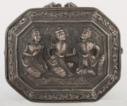 A Burmese silver betel box with figural repousse decoration, 20th century, stamped "UBATHI 999 Silver, Myanmar Jewel House" with additional marker's marks, ​​​​​​​9cm high, 12cm wide, 9cm deep, 342 grams - 2