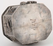 A Burmese silver betel box with figural repousse decoration, 20th century, stamped "UBATHI 999 Silver, Myanmar Jewel House" with additional marker's marks, ​​​​​​​9cm high, 12cm wide, 9cm deep, 342 grams - 8