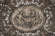 A German silver pierced bowl with repousse interior scene decoration, 19th/20th century, stamped "800" with crown and crescent mark, ​​​​​​​32cm wide, 454 grams - 2