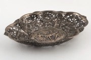 A German silver pierced bowl with repousse interior scene decoration, 19th/20th century, stamped "800" with crown and crescent mark, ​​​​​​​32cm wide, 454 grams - 4