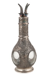 TACKHING Chinese export silver covered four way spirit decanter, 19th/20th century, stamped "TACKHING, SILVER, J", 34.5cm high