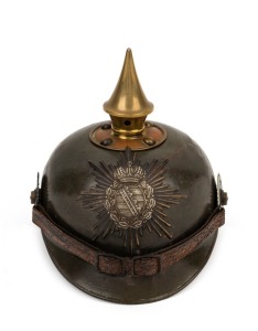 PICKELHAUBE Kingdom of Saxony Officer's Ersatz infantry steel helmet, circa 1914-1915. At the beginning of the war demand outstripped supply for felt and leather covered helmets, as a result metal "Ersatz" helmets filled the shortfall. By 1916 these Picke