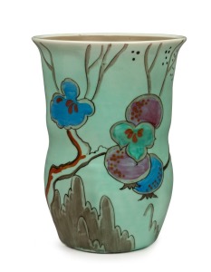 CLARICE CLIFF English Art Deco porcelain vase on turquoise ground, circa 1930, blue factory mark to base (blurred), 17.5cm high