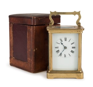 An antique French carriage clock with key, in original scarlet leather case, 19th century, 14cm high overall