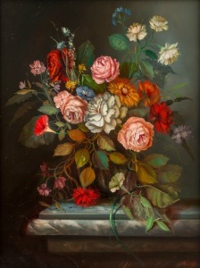 ARTIST UNKNOWN, (floral still life), oil on wood panel, 39 x 29cm, 56 x 47cm overall