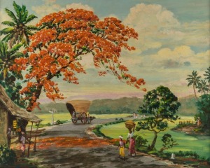 TERRY de NIESE (Sri Lankan), village scene with cart, oil on board, signed lower right "T. de Niese, 1972", 53 x 66cm, 62 x 76cm overall