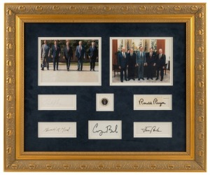 AMERICAN PRESIDENTS framed presentation display depicting five Presidents of the United States with original signatures of RICHARD NIXON, GERALD FORD, JIMMY CARTER, RONALD REAGAN and GEORGE BUSH Snr., 52 x 62cm overall