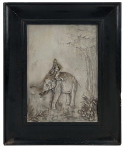 An antique silver plated plaque of an elephant and rider, early 20th century, framed 54 x 43cm overall