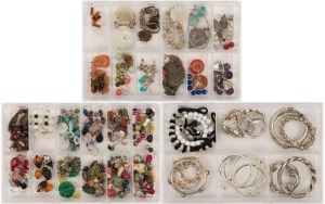 Three boxes of assorted earrings, bangles, Chinese silver, jade, pendant, and costume jewellery, (qty)