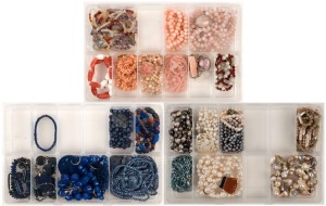 Three boxes of assorted jewellery including lapis lazuli, coral and freshwater pearl necklaces, earrings etc, (qty)