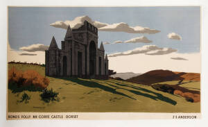 c1930s "Bond's Folly NR. Corfe Castle Dorset" Shell Motor Oil advertisement, artwork by J.S.Anderson. Linen backed, top & bottom margins trimmed. 99 x 58cm