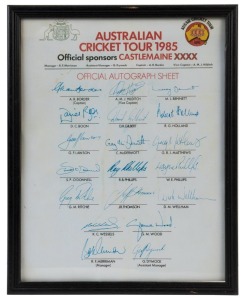 1985 AUSTRALIAN CRICKET TOUR: official team sheet, sponsored by Castlemaine XXXX, with 19 signatures including Allan Border, Jeff Thomson, David Boon, Geoff Lawson & Craig McDermott; framed & glazed, overall 30x24cm.
