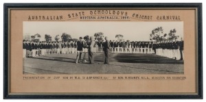 GRAHAM MCKENZIE COLLECTION - 1955 W.A. STATE SCHOOLBOYS CRICKET CAPTAIN: photograph of Graham McKenzie, as captain of the Western Australian team, being presented&nbsp;with the trophy for winning the 1955 Australian State Schoolboys Cricket Carnival, by Hon. W