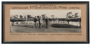 GRAHAM MCKENZIE COLLECTION - 1955 W.A. STATE SCHOOLBOYS CRICKET CAPTAIN: photograph of Graham McKenzie, as captain of the Western Australian team, being presented with the trophy for winning the 1955 Australian State Schoolboys Cricket Carnival, by Hon. W