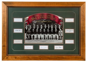 1948 AUSTRALIAN INVINCIBLES: display featuring 50th Anniversary Team Poster signed by Don Bradman, surrounded by inset signatures of nine other players including Keith Miller, Bill Brown, Neil Harvey, Sam Loxton & Arthur Morris; attractively framed and gl