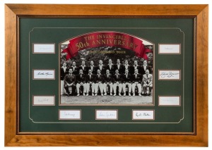 1948 AUSTRALIAN INVINCIBLES: display featuring 50th Anniversary Team Poster signed by Don Bradman, surrounded by inset signatures of nine other players including Keith Miller, Bill Brown, Neil Harvey, Sam Loxton & Arthur Morris; attractively framed and glazed, overall 70x99cm.
