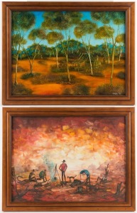 RAY REEVES, I.) Billy Tea, II.) untitled (shack in landscape), oil on board, both signed in the lower corners, 30 x 40cm each, 38 x 46cm each overall