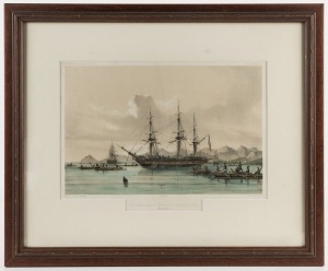 AUGUSTE ETIENNE FRANCOIS MAYER (1805-1890), Les corvettes au mouillage de Nouka-Hiva, baie Anna Maria, hand-coloured lithograph, being plate 31 from "Voyage Au Pole Sud Et Dans L'Oceanie", 26 x 39cm, 51 x 63cm overall