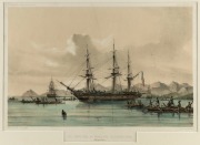 AUGUSTE ETIENNE FRANCOIS MAYER (1805-1890), Les corvettes au mouillage de Nouka-Hiva, baie Anna Maria, hand-coloured lithograph, being plate 31 from "Voyage Au Pole Sud Et Dans L'Oceanie", 26 x 39cm, 51 x 63cm overall - 2